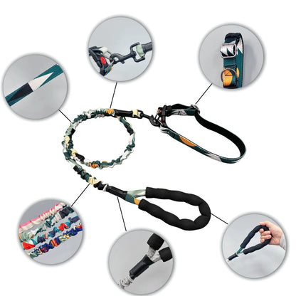 Camouflage Dog Collar & Leash Set — Elastic Anti-Shock, 25cm Width, 130–170cm Leash