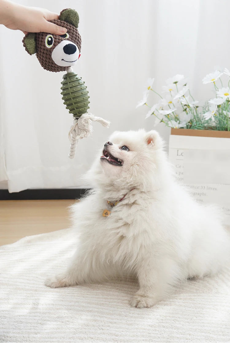 Squeaky Rope TPR Plush Dog Toy | Green White Brown | BSCI Certified