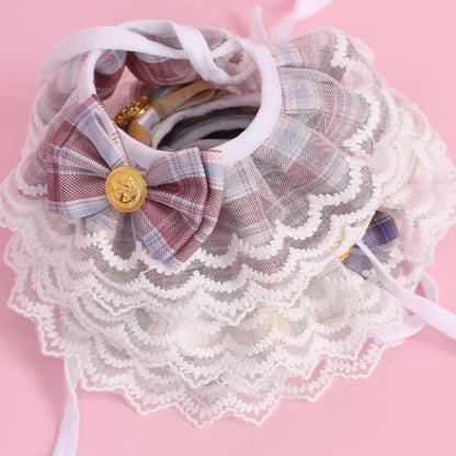NEW Cat Products Winter Polyester Pet Bow Bib with Lace Edges Sweet Spring and Summer Styles Checkered Fabric