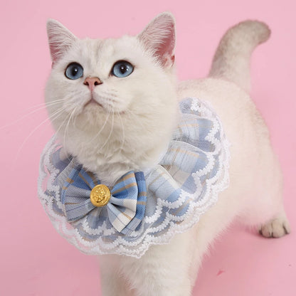 NEW Cat Products Winter Polyester Pet Bow Bib with Lace Edges Sweet Spring and Summer Styles Checkered Fabric