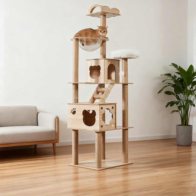 Luxury Double Space Capsule Cat Tree | 60×50×185cm Large Wooden Cat Climbing Frame