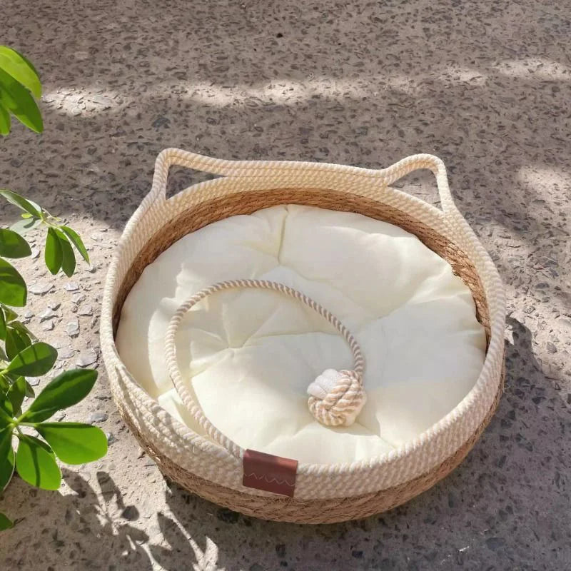 Removable Woven Cat Bed Upholstery Sleeping House Cat Scratch Floor Rattan Wear-resistant Washable Cat Cave Pet Supplies