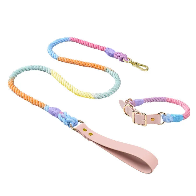 Rainbow Braided Cotton Dog Collar & Leash Set — Adjustable, Custom Design, 11 Styles
