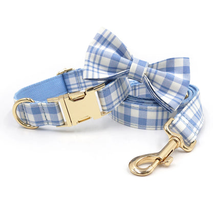 Plaid Dog Collar Leash with Bow Tie Adjustable Pet Accessories Pet Collars Leash OEM Available - Blue