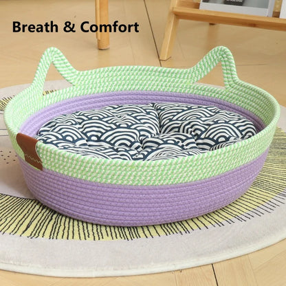 Factory Popular Puppy Bed Breathable Odorless Natural Cotton Hand Woven Rattan Pet Bed