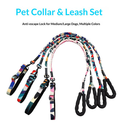 Camouflage Dog Collar & Leash Set — Elastic Anti-Shock, 25cm Width, 130–170cm Leash