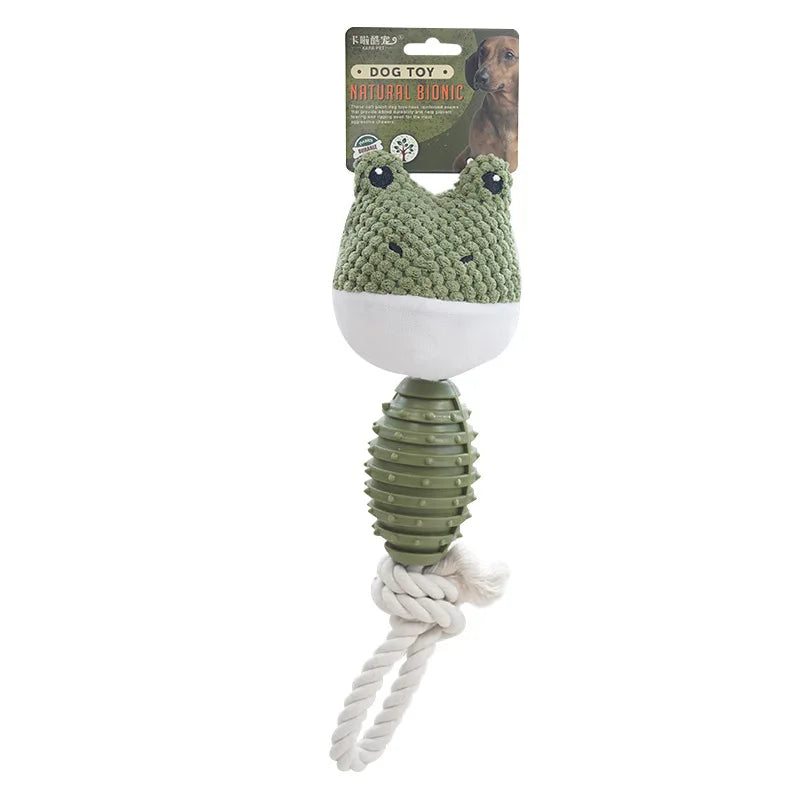 Squeaky Rope TPR Plush Dog Toy | Green White Brown | BSCI Certified