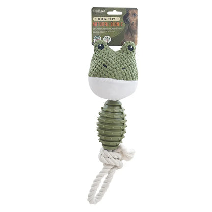 Squeaky Rope TPR Plush Dog Toy – Green White Brown