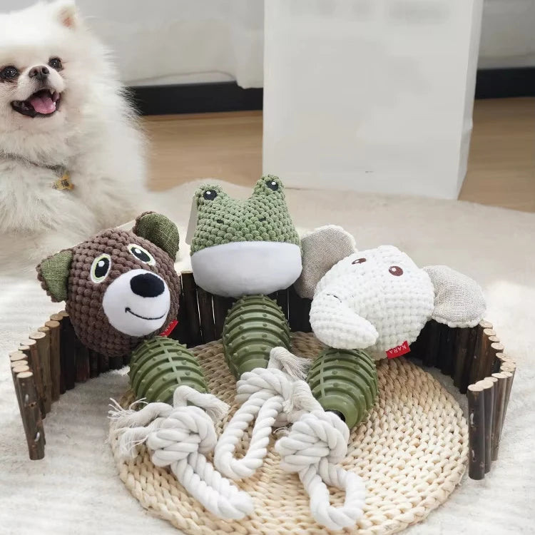 Squeaky Rope TPR Plush Dog Toy | Green White Brown | BSCI Certified
