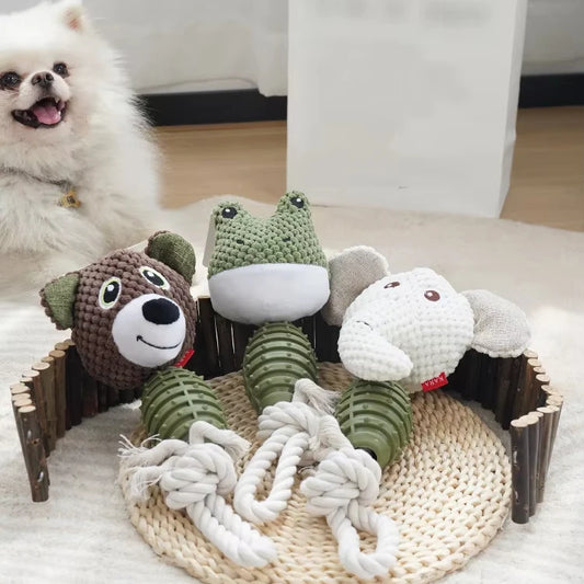 Squeaky Rope TPR Plush Dog Toy – Green White Brown