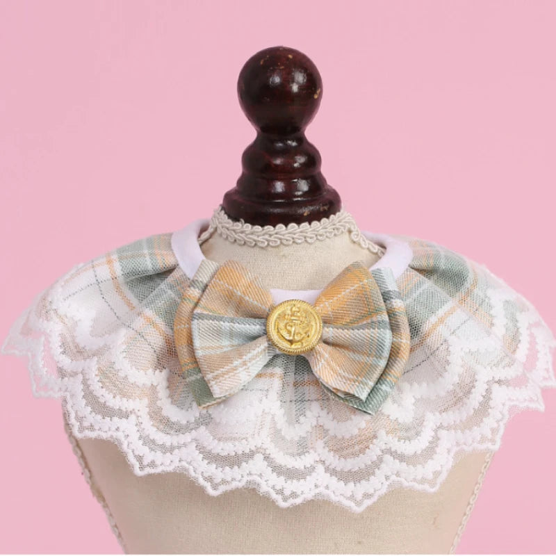 NEW Cat Products Winter Polyester Pet Bow Bib with Lace Edges Sweet Spring and Summer Styles Checkered Fabric