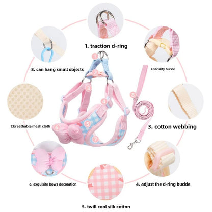 New Style Checkered Pattern Small Breed Dog Leash Pet Puppy Harness Bichon Shiba Inu Schnauzer Breathable Outdoor Walking Leash