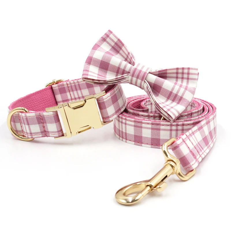 2025 New Product Gold Dog Leash Blue Webbing Classic Plaid Fabric Dog Collars Adjustable Pet Bowtie
