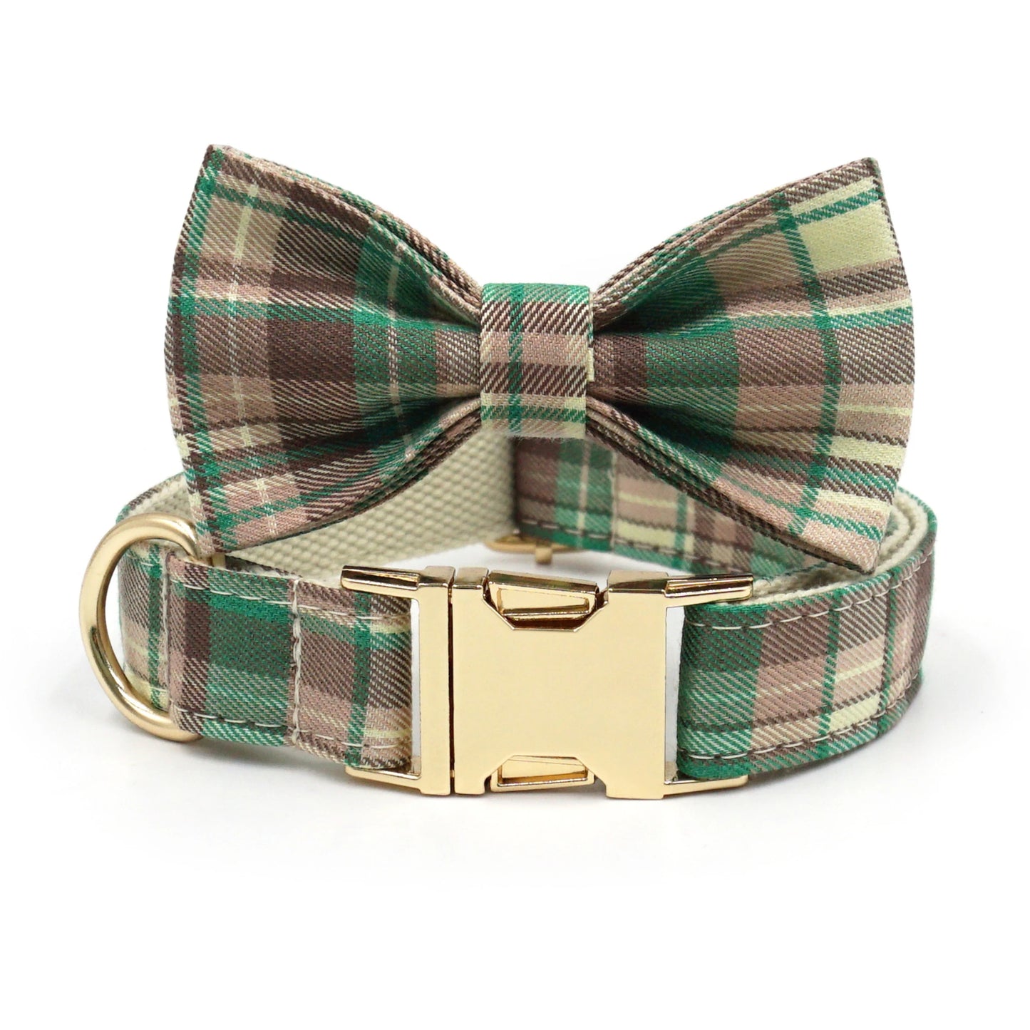 2025 NEW Fashion Green Brown Plaid Dog Leash Bowtie Collar Plaid Fabric Golden Metal Buckle Professional Pet Products