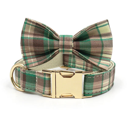 2025 NEW Fashion Green Brown Plaid Dog Leash Bowtie Collar Plaid Fabric Golden Metal Buckle Professional Pet Products