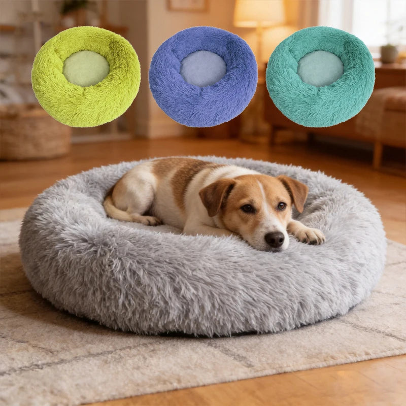 Anti-Anxiety Self-Warming Long Plush Round Pet Bed for Cats & Dogs