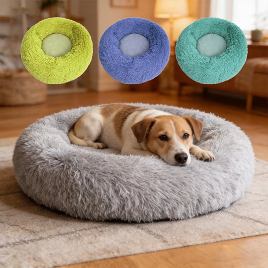 Anti-Anxiety Self-Warming Long Plush Round Pet Bed for Cats & Dogs