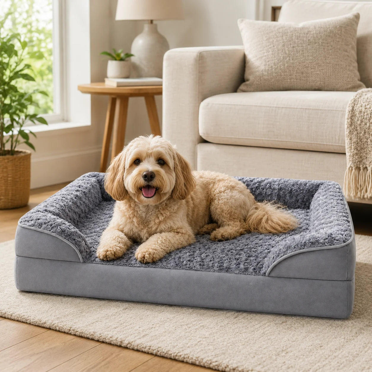 Grey Plush Calming Dog Bed | Removable Cover, Non-Slip Bottom