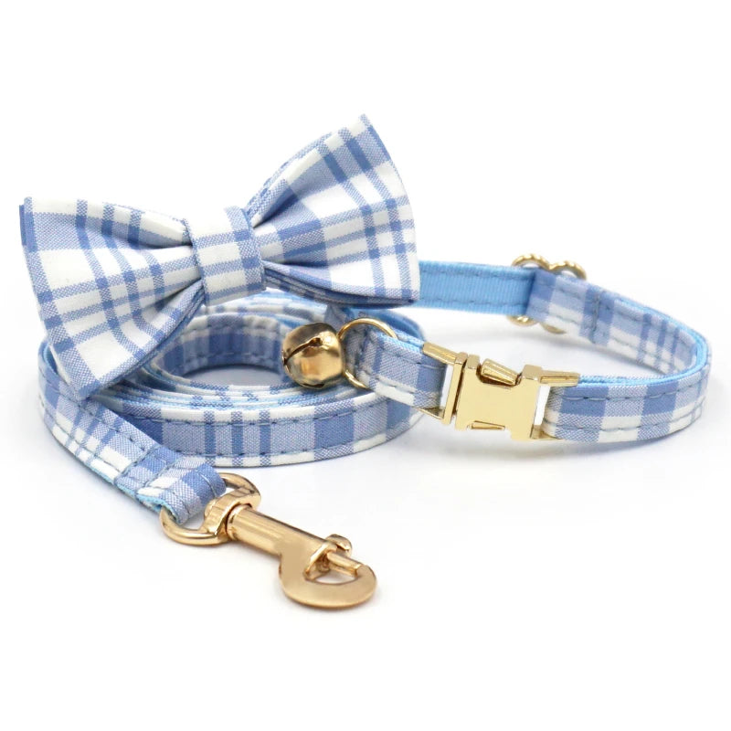2025 New Product Gold Dog Leash Blue Webbing Classic Plaid Fabric Dog Collars Adjustable Pet Bowtie