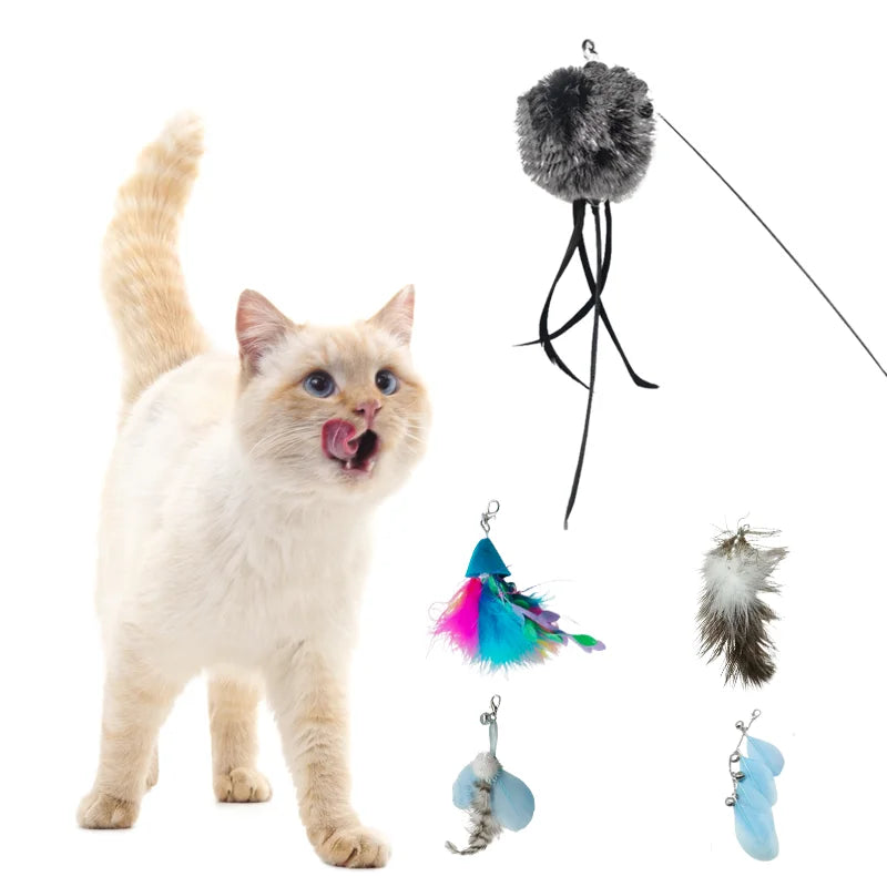 Feather Cat Teaser Wand with Bell | Steel Wire Wand & Replacement Heads | 7 Styles