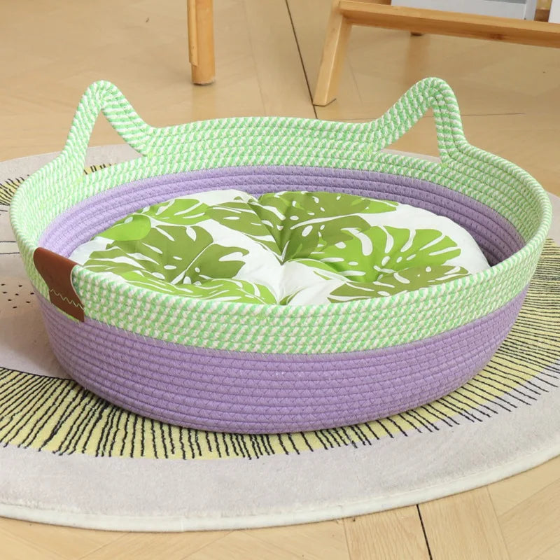 Factory Popular Puppy Bed Breathable Odorless Natural Cotton Hand Woven Rattan Pet Bed