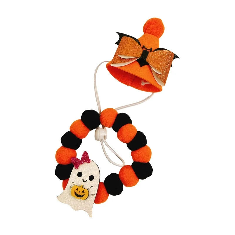 Halloween Winter Solid Personalized Pumpkin Dog & Cat Choker Necklace with Eco-Friendly Wool Bells