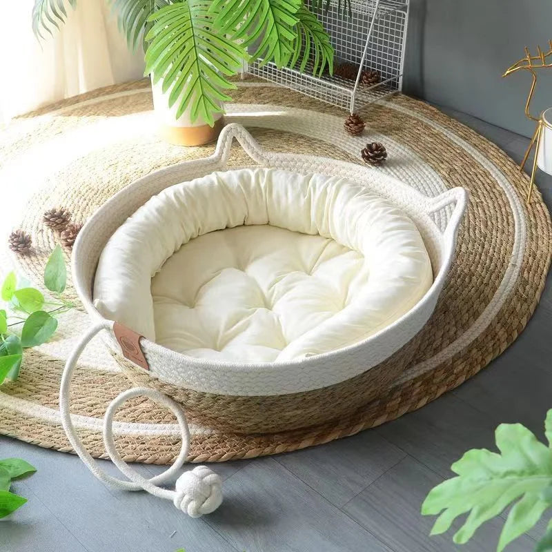 Removable Woven Cat Bed Upholstery Sleeping House Cat Scratch Floor Rattan Wear-resistant Washable Cat Cave Pet Supplies