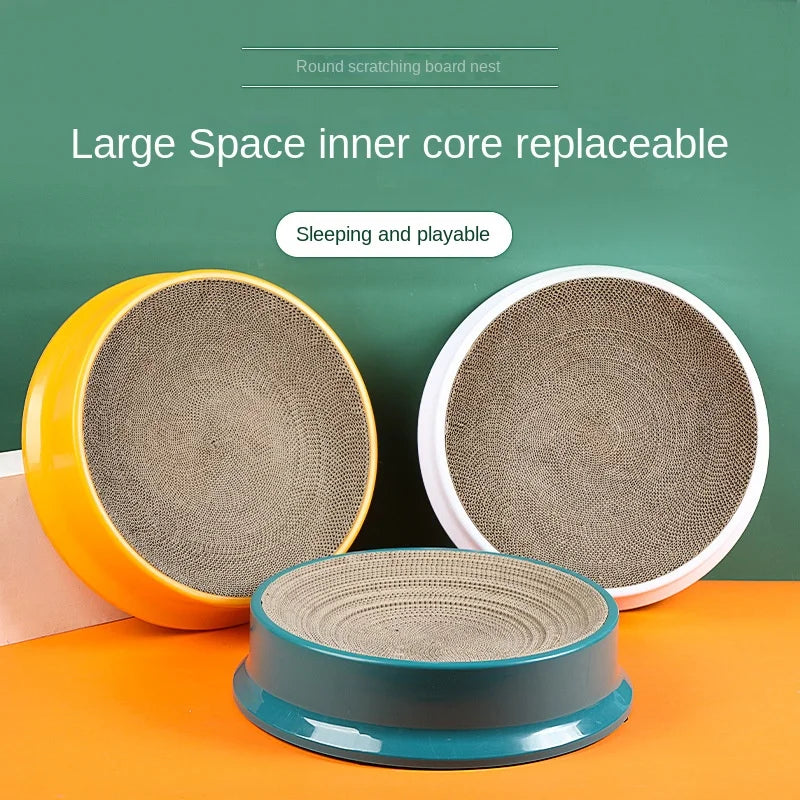 Round Replaceable Corrugated Cat Scratch Board | Plastic Frame | 6 Colors, 2 Sizes