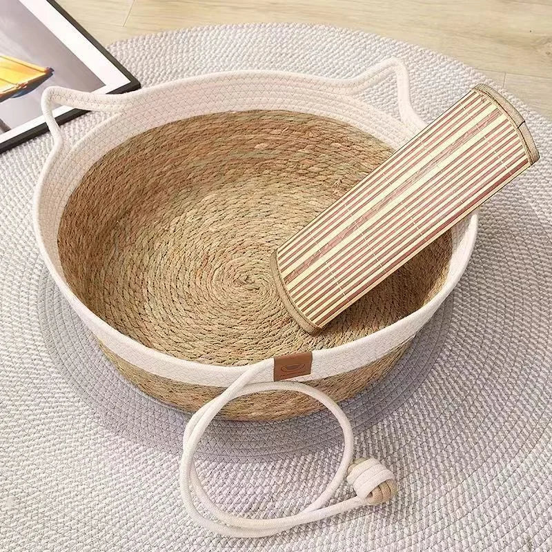 Removable Woven Cat Bed Upholstery Sleeping House Cat Scratch Floor Rattan Wear-resistant Washable Cat Cave Pet Supplies