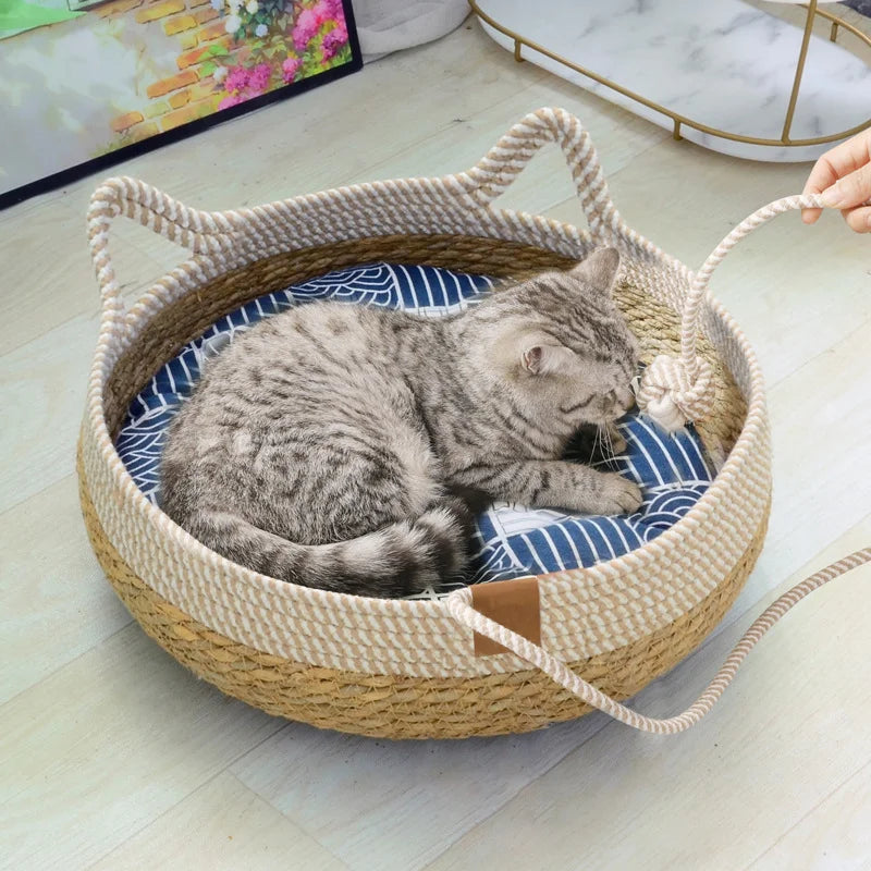 Removable Woven Cat Bed Upholstery Sleeping House Cat Scratch Floor Rattan Wear-resistant Washable Cat Cave Pet Supplies