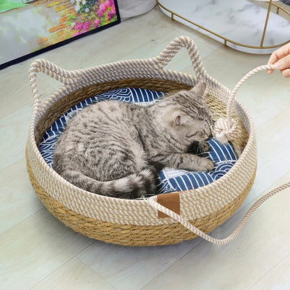 Removable Woven Cat Bed Upholstery Sleeping House Cat Scratch Floor Rattan Wear-resistant Washable Cat Cave Pet Supplies