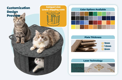 Donut Cat Cave Bed – Felt & Corrugated Cardboard, Cozy Enclosed Cat Sleeping House