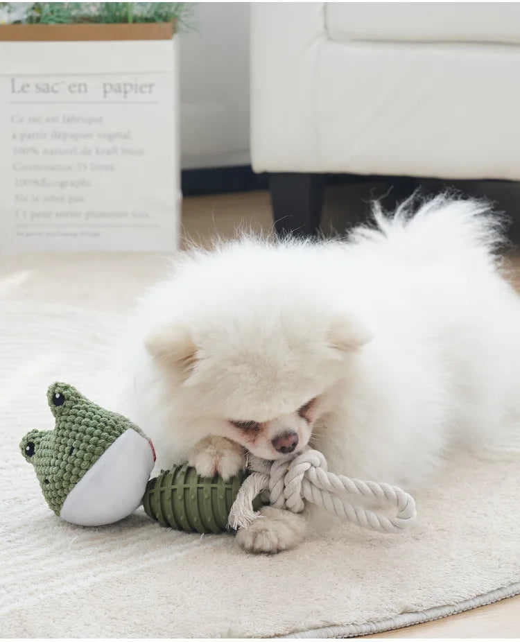 Squeaky Rope TPR Plush Dog Toy | Green White Brown | BSCI Certified