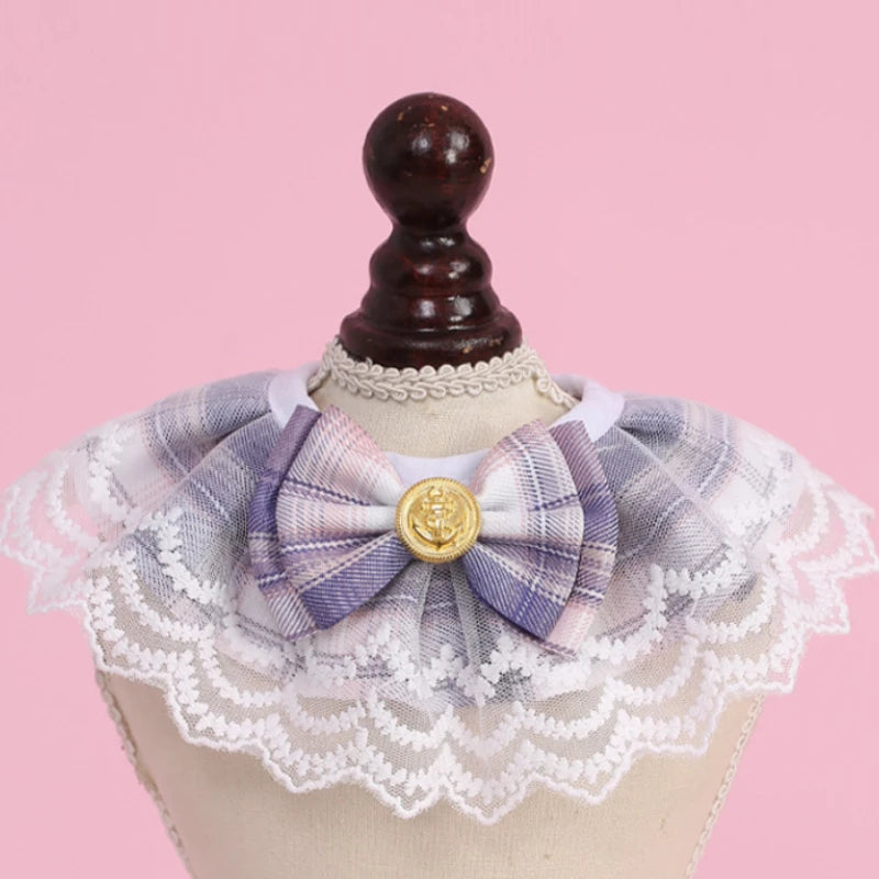 NEW Cat Products Winter Polyester Pet Bow Bib with Lace Edges Sweet Spring and Summer Styles Checkered Fabric