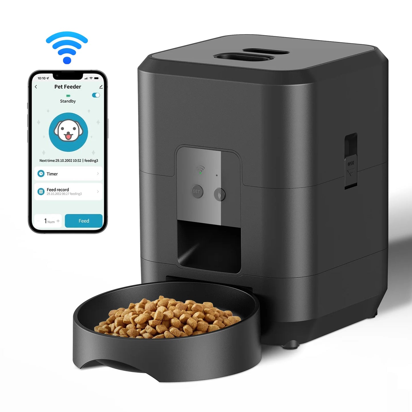 Automatic Pet Feeder – Timed & Quantitative Cat & Dog Food Dispenser, 2L, Button or WiFi App Control, Black & White