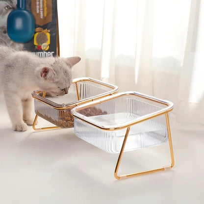 Elevated Tilted Cat & Dog Bowl – 15° Angled Transparent Pet Feeding Bowl with Anti-Tip Iron Stand, Single or Double Bowl