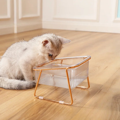 Elevated Tilted Cat & Dog Bowl – 15° Angled Transparent Pet Feeding Bowl with Anti-Tip Iron Stand, Single or Double Bowl