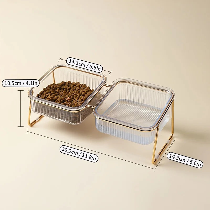 Elevated Tilted Cat & Dog Bowl – 15° Angled Transparent Pet Feeding Bowl with Anti-Tip Iron Stand, Single or Double Bowl