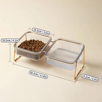 Elevated Tilted Cat & Dog Bowl – 15° Angled Transparent Pet Feeding Bowl with Anti-Tip Iron Stand, Single or Double Bowl