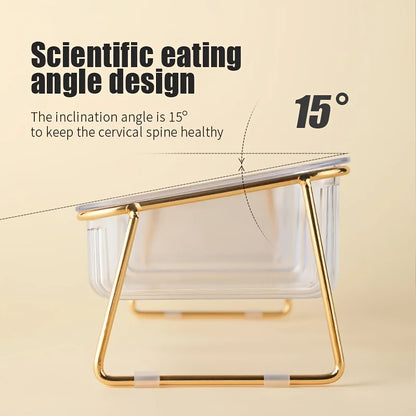 Elevated Tilted Cat & Dog Bowl – 15° Angled Transparent Pet Feeding Bowl with Anti-Tip Iron Stand, Single or Double Bowl