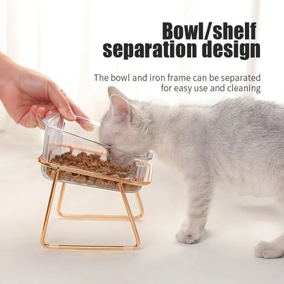 Elevated Tilted Cat & Dog Bowl – 15° Angled Transparent Pet Feeding Bowl with Anti-Tip Iron Stand, Single or Double Bowl