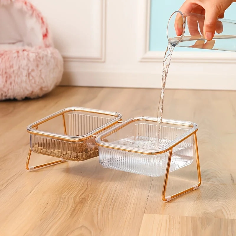 Elevated Tilted Cat & Dog Bowl – 15° Angled Transparent Pet Feeding Bowl with Anti-Tip Iron Stand, Single or Double Bowl